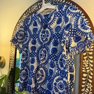 Blue and White Embroidered Women's Top